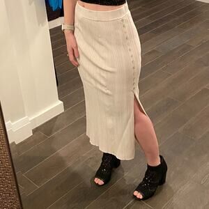 Zara Off-White Gray Cream Ribbed Midi Pencil Skirt Iridescent Buttons Medium